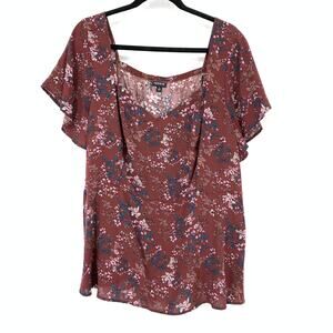Torrid Boho Flutter Sleeve Blouse Womens Size 2X Maroon Multicolor Floral Print